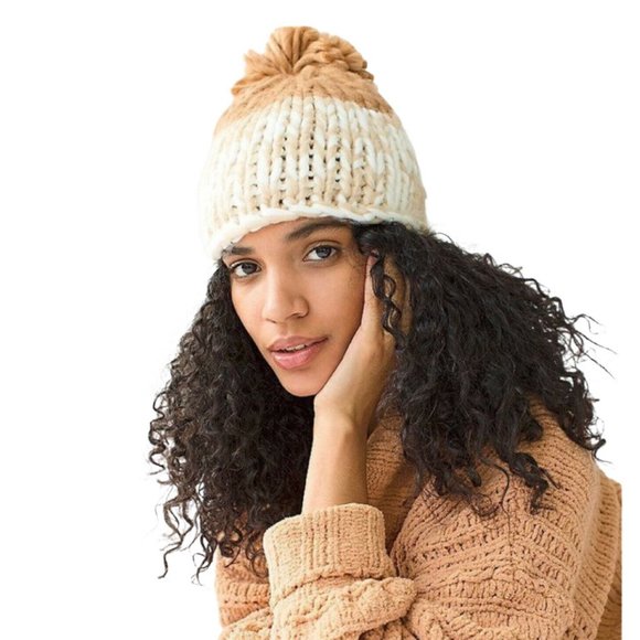 Free People Womens Brown Ivory Beanie Hat One Size